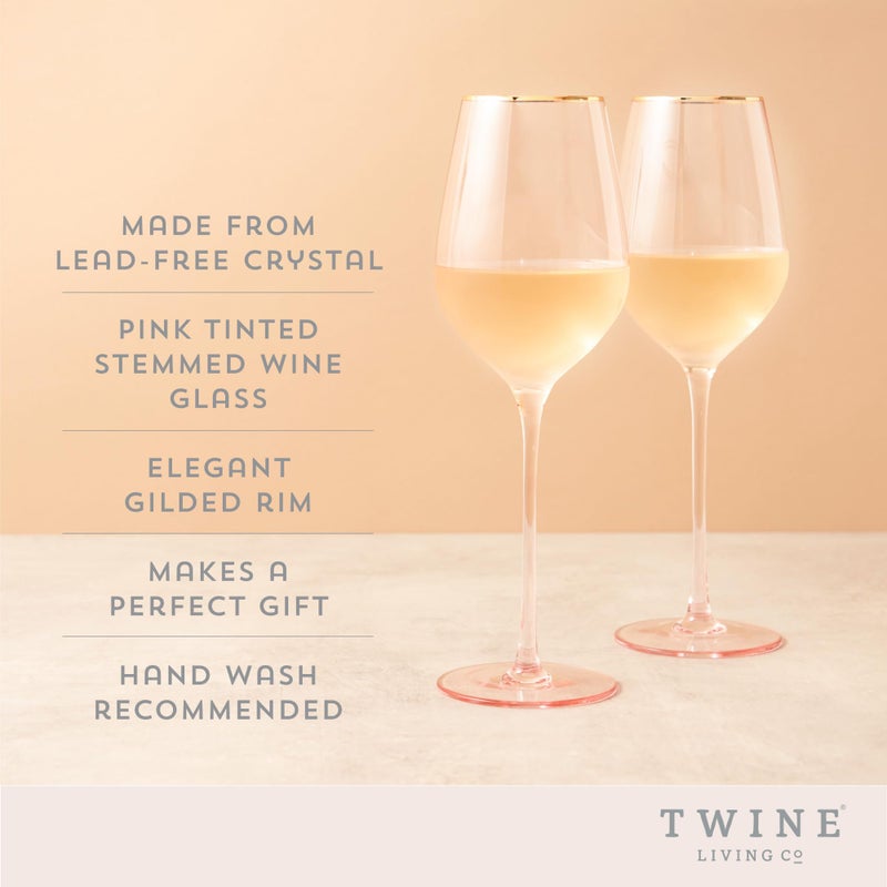 Twine Rose White Wine Glasses, Gold Rimmed Pink Tinted Crystal Wine Glass Set, Stemmed Wine Glasses, Set of 2, 14 Ounces - Image 2
